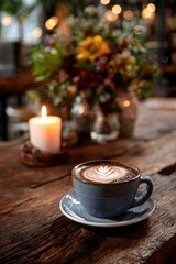 Cozy cafe setting with latte art and candlelight in a floral atmosphere