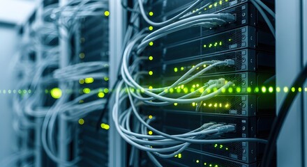 Close up of network cables and server lights. Modern data center with flashing green indicators. Information technology and internet infrastructure.