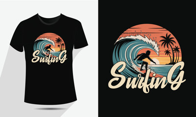 Vintage Surfing T-Shirt Design &ndash; Retro Wave Rider Graphic with Sunset and Palm Trees