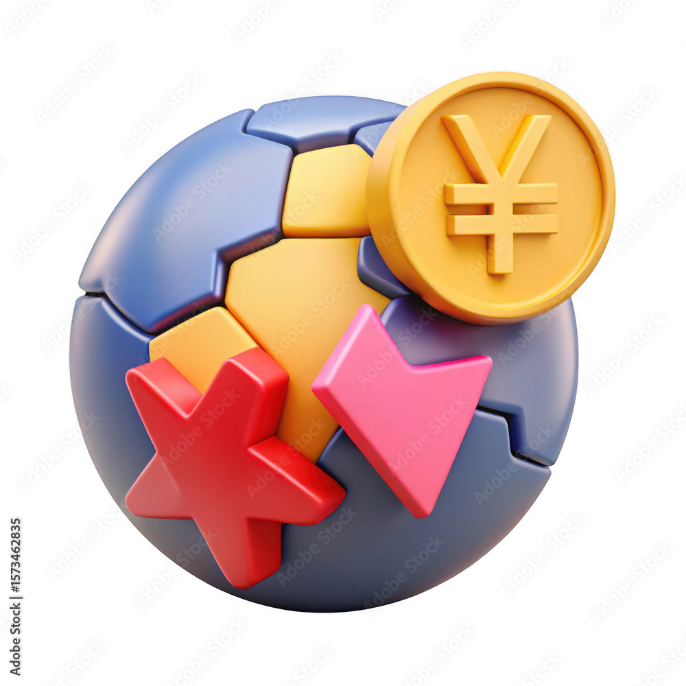 Poster 3d rendering of a soccer ball with yen coin and red x symbol isolated on transparent background