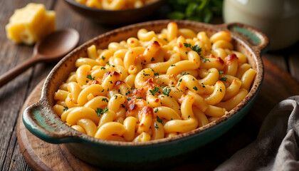 Baked macaroni and cheese in a casserole dish on rustic wooden table  