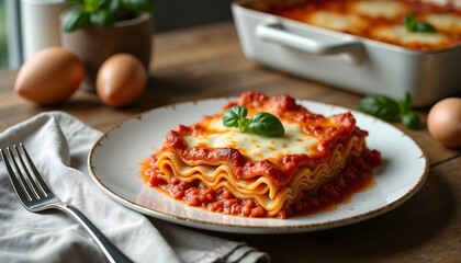 Delicious lasagna casserole with layers of cheese and tomato sauce  