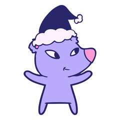 cute hand drawn line drawing of a bear wearing santa hat in bright neon color