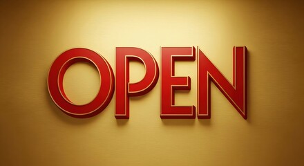 Red bold 3D open sign on a gold metallic background. Business grand opening or store hours concept.