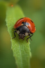 Ultra-Realistic Macro Photo of Ladybug on Green Leaf with Vivid Red Shell