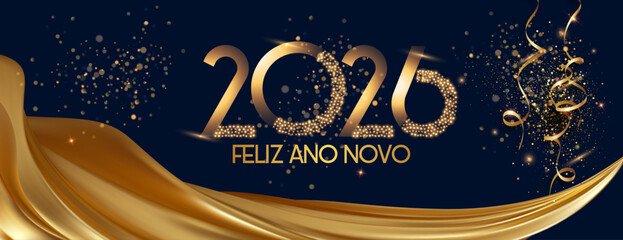 cartão ou faixa para desejar um feliz ano novo 2026 em dourado com cortina de tecido dourado sobre fundo preto com lantejoulas e serpentinas douradas