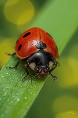 Ultra-Realistic Macro Photo of Ladybug on Green Leaf with Vivid Red Shell