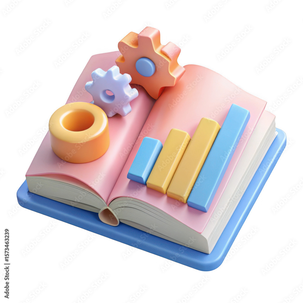 Poster 3d rendered open book with gears and bar chart elements isolated on transparent background