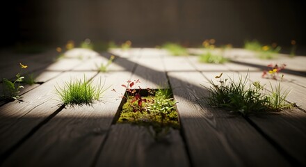 Green grass and small plants growing through cracks in old wooden planks. Life overcoming obstacles concept. New beginning.