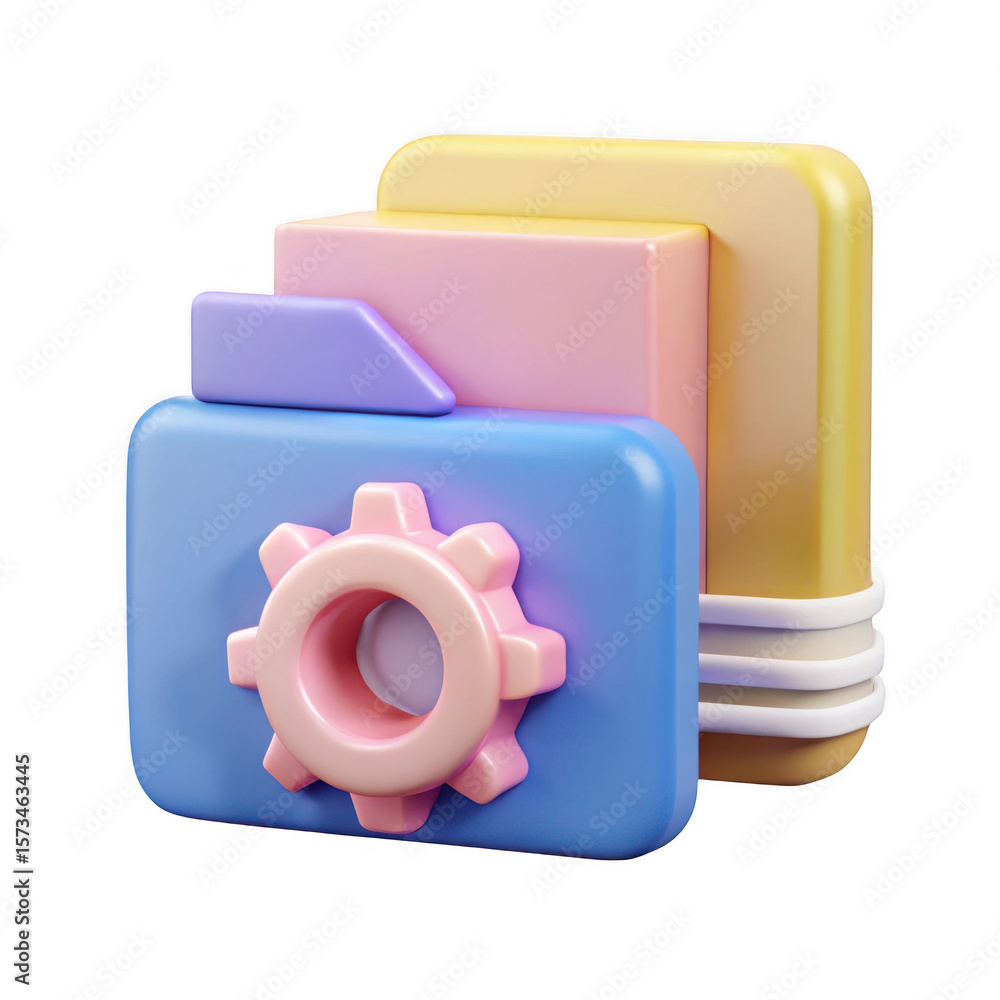 Poster 3d rendered folder icon with gear and layers isolated on transparent background