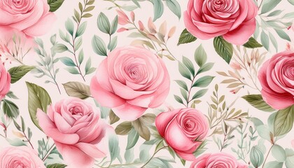 Fototapeta premium botanical watercolor seamless pattern with pink roses floral pastel background delicate floral and herb illustration