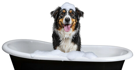 a happy australian shepherd dog in a bubble bath with shampoo foam on its head