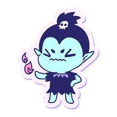 freehand drawn sticker cartoon of cute kawaii vampire girl in bright neon color