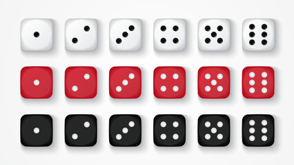 3D Realistic Game Dice Set – White, Red, Black Casino Dice Icons with Round Edges, 1 to 6 and One to Six Dot Faces – Vector Illustration