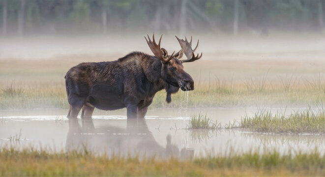 a majestic moose (alces alces) bull standing in a misty lake at sunrise