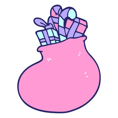 cartoon doodle bag of christmas presents in bright neon color