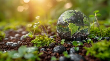 Globe in soil, with plants emerging. Light shines through, symbolizing growth and nature's power