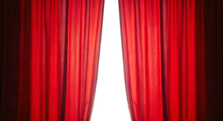 bright red stage curtains opening slightly to reveal a white background