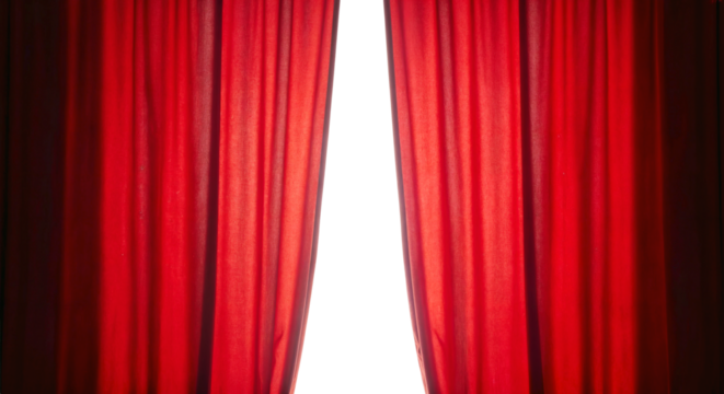 bright red stage curtains opening slightly to reveal a white background