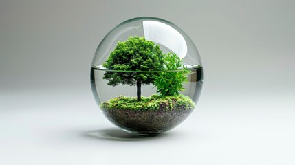 Small trees with green foliage in a glass sphere filled with water and soil on a light surface