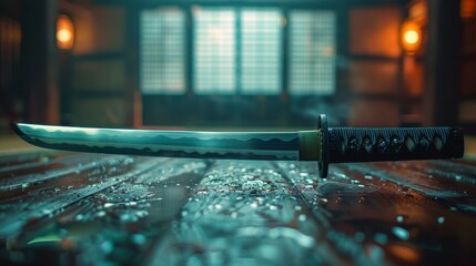 Katana rests on wet surface; light in background creates depth