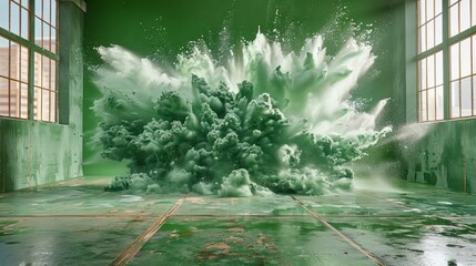 Green powdery explosion fills a vintage, worn industrial room