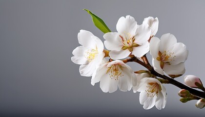 Obraz premium white almond blossom branch on neutral grey background