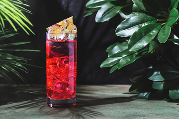 El Diablo cocktail, red mix of tequila, ginger beer, and lime juice, served over ice with green...