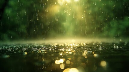 Rain falling onto a flooded surface, with bright bokeh and trees in the blurred background