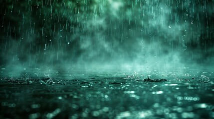 Heavy rain falling, the ground soaked and glistening, a foggy, green-tinged atmosphere