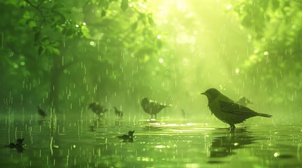 Green forest scene, rain, sunshine filtering through. Birds stand in the shallow water
