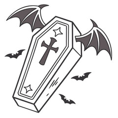 Illustration of a coffin with bat wings and a cross surrounded by bats for halloween decoration
