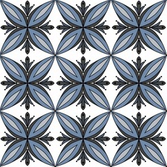 Elegant seamless vector pattern featuring geometric floral starburst motifs in black and gray over a muted blue background. Modern and stylish design ideal for textile prints, wallpapers, backgrounds,