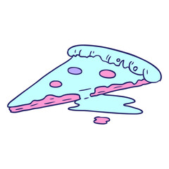 hand drawn cartoon doodle of a slice of pizza in bright neon color