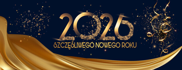 kartka lub baner z życzeniami szczęśliwego Nowego Roku 2026 w kolorze złotym z draperią ze złotej tkaniny na czarnym tle ze złotymi cekinami i serpentynami