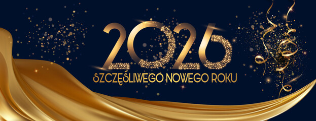 kartka lub baner z życzeniami szczęśliwego Nowego Roku 2026 w kolorze złotym z draperią ze złotej tkaniny na czarnym tle ze złotymi cekinami i serpentynami