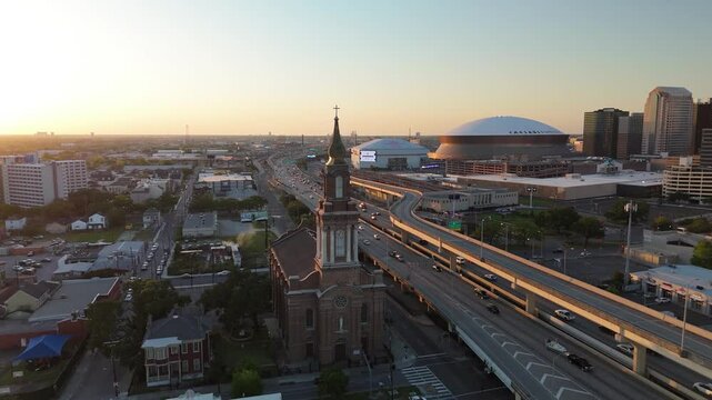 Aerial View of New Orleans at Sunset with St. Patrick&rsquo;s Church, Highway and Caesars Superdome