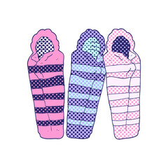 freehand drawn cartoon sleeping bags in bright neon color