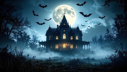 Haunted mansion at night