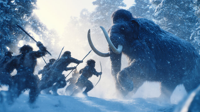 Neanderthals Ambush Woolly Mammoth in a Snowy Prehistoric Landscape During the Ice Age Hunt