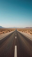 Minimalist Desert Highway Vanishing Into Horizon with Heat Haze and Sparse Vegetation