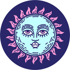 iconic tattoo style image of a sun with face in bright neon color