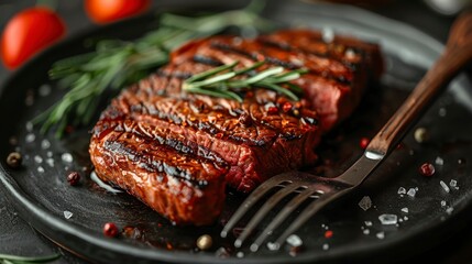 Grilled steak, rosemary sprig, peppercorns, on dark plate w/ fork