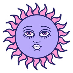 iconic tattoo style image of a sun with face in bright neon color