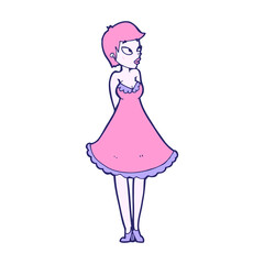 cartoon pretty woman in dress in bright neon color