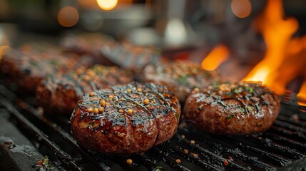 Grilled meat with herbs, atop a grate over flames, bokeh lights in background