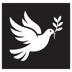 Fototapeta premium A stylized white dove with an olive branch in its beak flies across a stark black background representing peace and hope