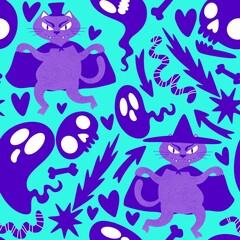Halloween animals seamless cats pattern for wrapping paper