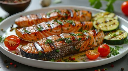 Grilled salmon fillets, zucchini, and tomatoes on a plate, garnished with dill