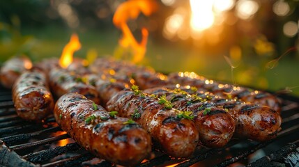 Grilled sausages flaming on a BBQ, topped with herbs, in golden sunlight